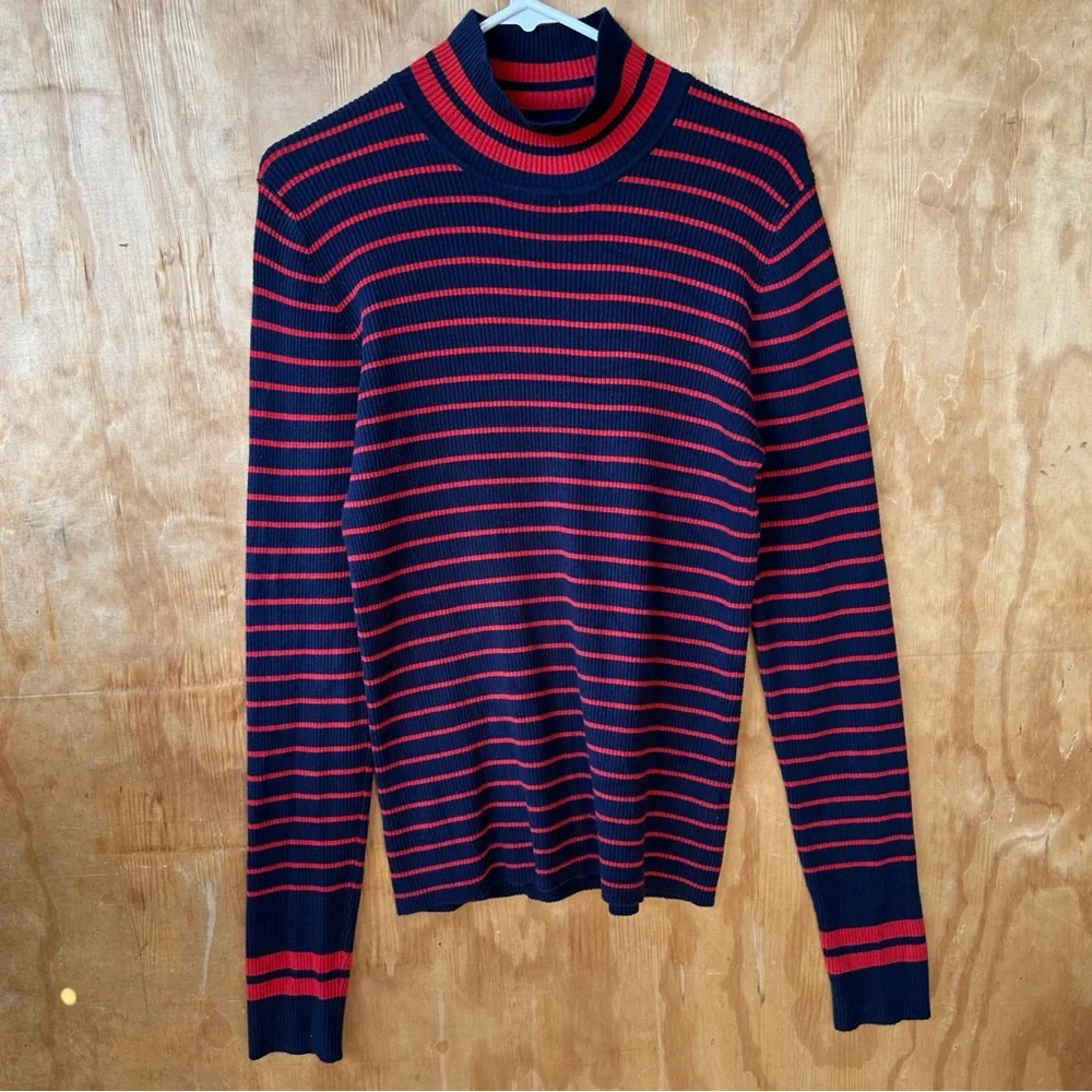 Marine Layer x Lost & Found Ski Ribbed Turtleneck Red Blue Long Striped Sweater - Picture 2 of 8